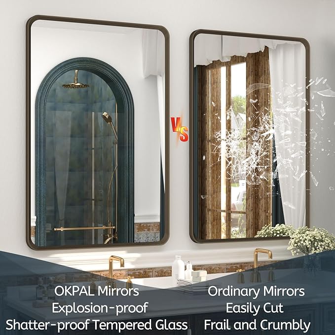 OKPAL 60x36 Bathroom Vanity Mirror for Wall, Large Bronze Framed Mirror with Brushed Metal Frame, Rounded Bronze Rectangle Mirror, Shatterproof, Anti-Rust (Horizontal/Vertical)