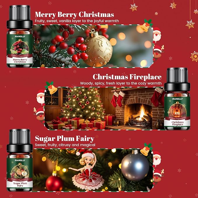 Christmas Fragrance Oil Set, 6 Premium Holiday Essential Oils for Diffuser, Candle Making - Caramel Pumpkin Swirl, Apple Cinnamon, Merry Berry Christmas, Christmas Fireplace Scented Oil Gift Set