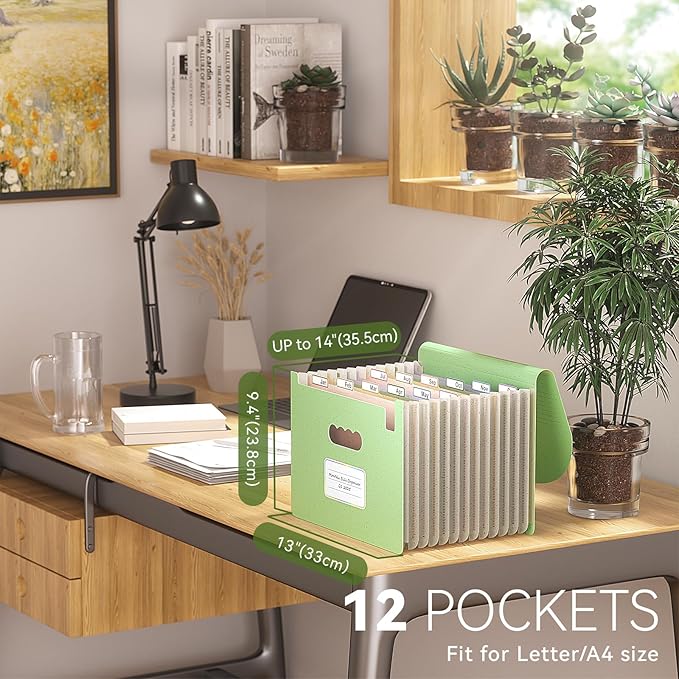 EcoStash Accordion File Organizer, 12-Pocket Wheat Straw Expanding File Folder, Portable Monthly Bill & Tax Receipt Organizer, Letter/A4 Size Document Holder with Colorful Tabs-Grass Green