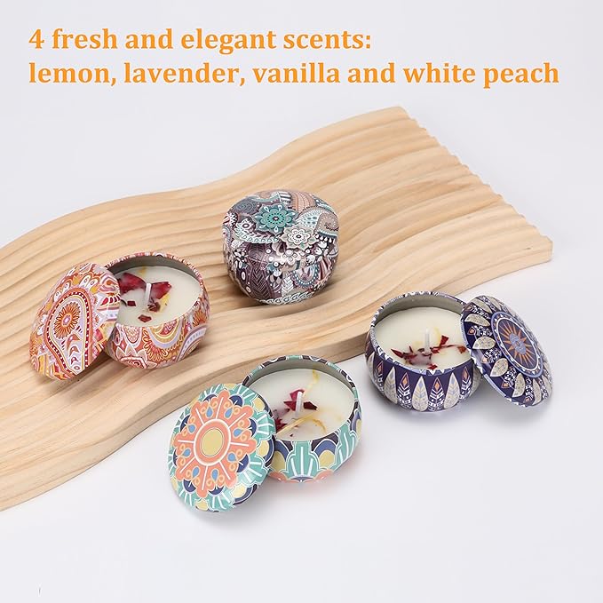 Aromatherapy Candle Gift Set 4 Pack Soy Wax Candles, Lavender, Lemon, Vanilla & White Peach Long-Lasting Clean Burn for Relaxation, Home Decor & Travel, Mother's Day