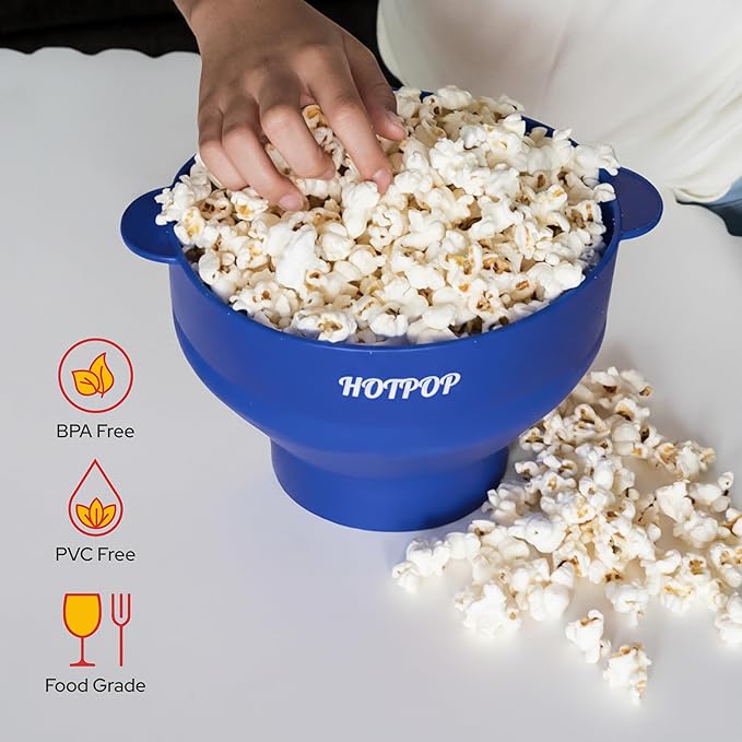 The Original Hotpop Microwave Popcorn Popper, Silicone Popcorn Maker, Collapsible Bowl BPA-Free and Dishwasher Safe- 20 Colors Available (Blue) (Pack of 2)