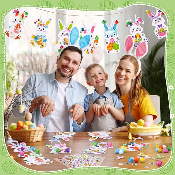 Funrous 48 Sets Easter Crafts Kit Easter Bunny Paper Crafts DIY Make Your Own Rabbits Hanging Ornaments Decorations with Pompoms Diamond Stickers Spring Classroom Activity Arts Gifts Party Favors