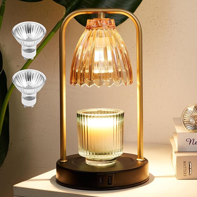 CATY&KITTEN Candle Warmer Lamp with Timer & Dimmer, Table lamp with USB and Type C Output,Dimmable Wax Melt Warmer with 2 * 50W Bulbs, House Warming Gift for Mother's Day