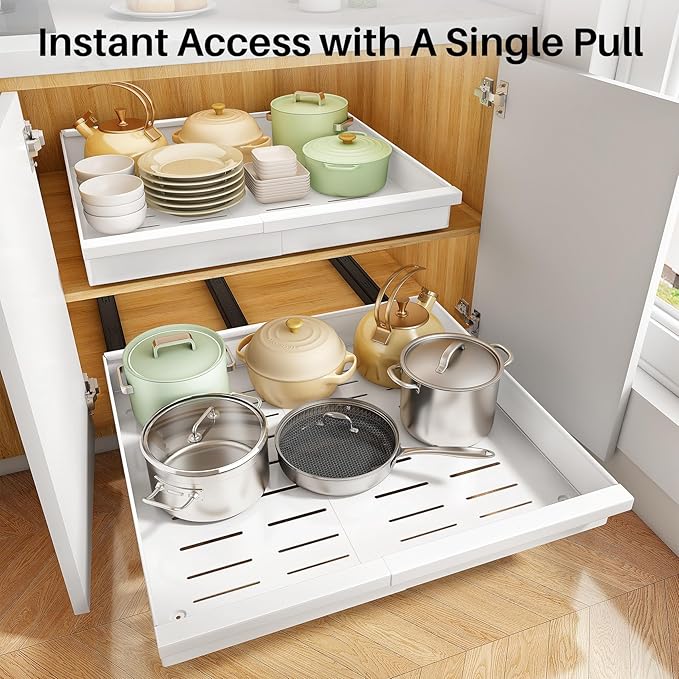 Pull out Cabinet Organizer, 1-Pack Expandable(13.6"-24") Silde out Drawers with Raising Pad for Framed Cabinets, Adjustable Full-Extension Adhesive Roll out Shelves for Kitchen Pantry Home Pot and Pan