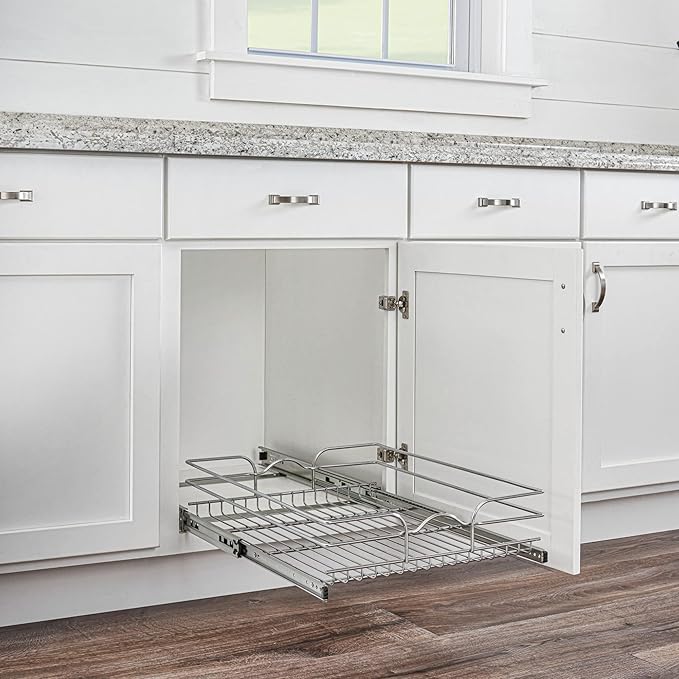Rev-A-Shelf Kitchen Cabinet Wire Pullout Shelf and Drawer Organizer Pantry Storage with Basket and Mounting Hardware, 15 x 22 In, 5WB1-1522CR-1