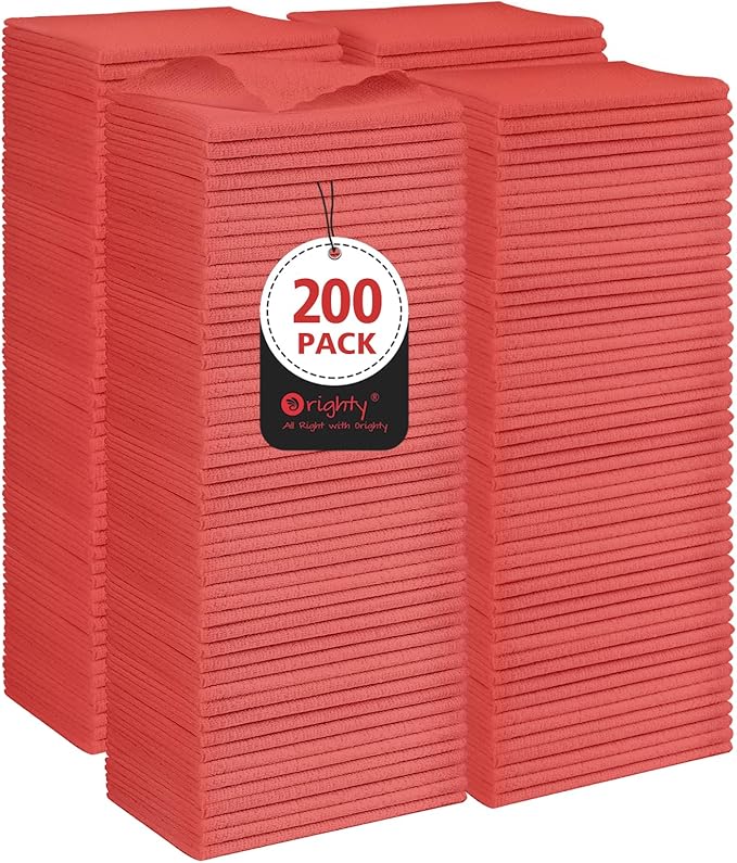 Orighty Cleaning Cloths Bulk, 200 Pack Shop Rags Reusable, Multi-Purpose Shop Towels for Cars, Microfiber Cleaning Rags for Automotive, Mechanic, Kitchen, Lint Free Towels 11.5’’ x 11.5’’, Red