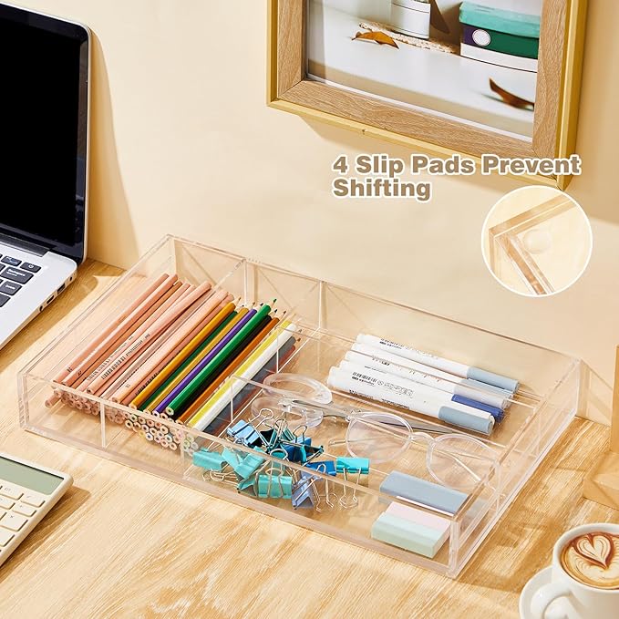 Briwooody 2 Pcs Acrylic Drawer Organizer 9'' up to 18'' x 15'' x 2'' Expandable Drawer Organizer Pens Notebook Ruler Makeup Tray with 7 Adjustable Compartments for Desk Office Kitchen Bathroom(Clear)