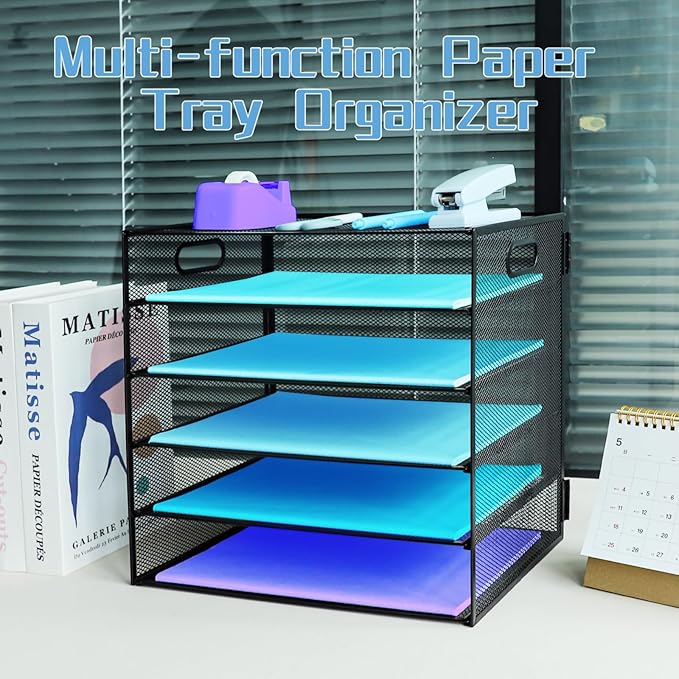 5 Tier Desk Organiser with Handle, Pull-Out Mesh File Organizer for Letter Tray Organizer Mesh Desk Organiser Tray Paper Storage Rack for A4 File Office Supplie, Black