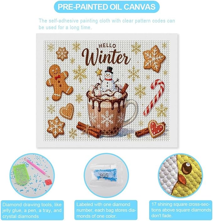 Diamond Painting Kits for Adults - Hello Winter Ice Cream & Gingerbread Snowflakes & Candles Painting DIY 5D Full Drill Diamond Dots Paintings with Diamonds Gem Art And Crafts Home Decor 16"x20"