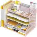 YINGHUA 5 Tier Paper Tray Letter Organizer with Top 6 Adjustable Compartments and File Holder - Paper Sorter Office Desktop Accessories with Handles for Document,Mail,School Supplies Storage,Pink