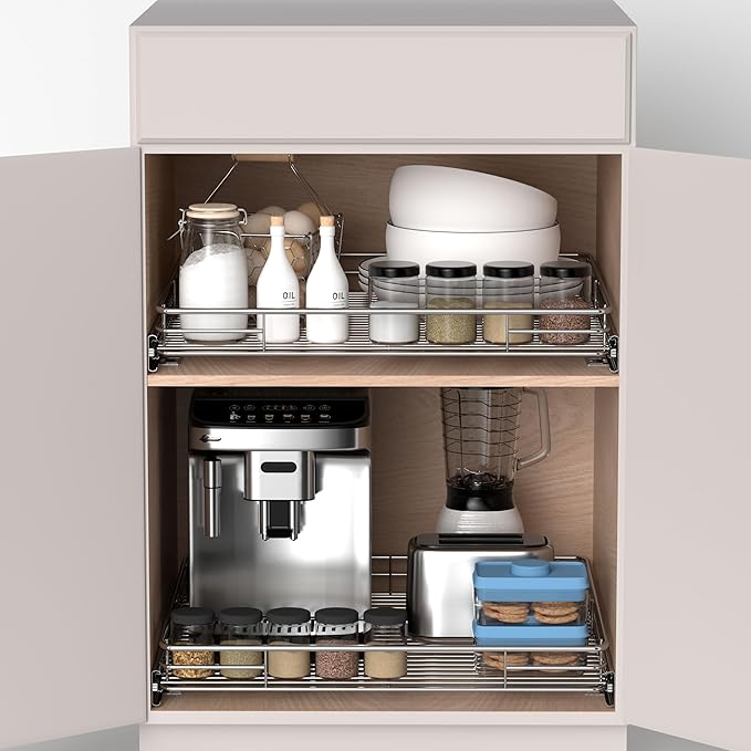 JOWBOOW Pull Out Cabinet Organizer (24" W x 21" D), Slide Out Shelves for Kitchen Cabinets, Pull Out Drawers Heavy-Duty Metal sliding Shelf, Chrome Finish