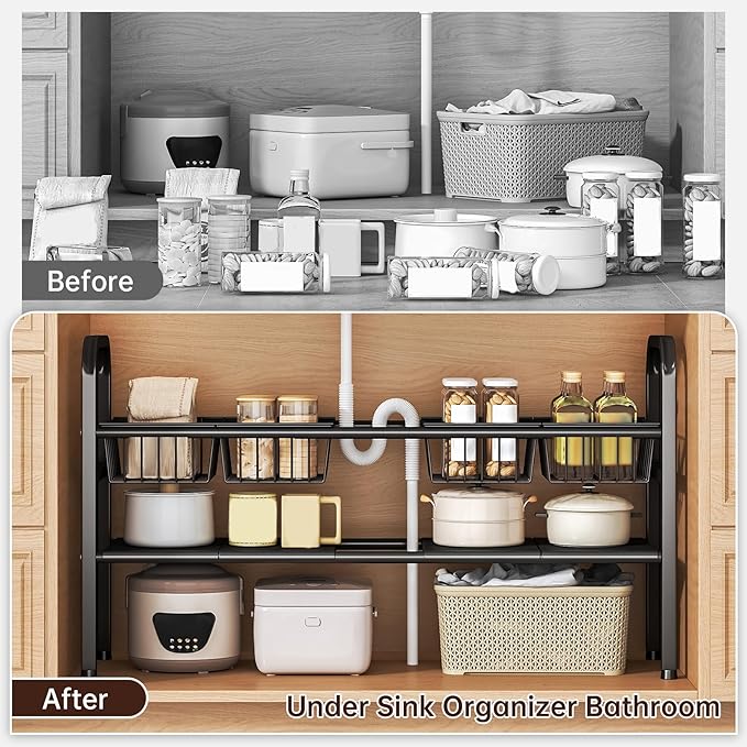 Under Sink Organizer and Storage,2 Tier Expandable Organization and Storage with 4 Panels and 4 Baskets,Cabinet Organizer,Under Sink Shelf,for Kitchen,Bathroom,Laundry Pantry Cabinet,Black