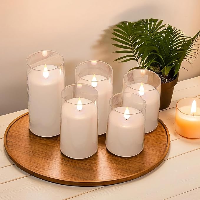 NICEME Pure White Flickering Flameless Candles, Battery Operated Acrylic LED Pillar Candles with Remote Control and Timer, Set of 5