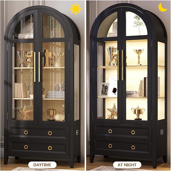 LVSOMT 71" Tall Arched Storage Cabinet with Glass Doors and Drawers, Curio Display Cabinet with Adjustable LED Light & Human Sensor, 4-Tier China Cabinet for Living Room(Black+Wood)