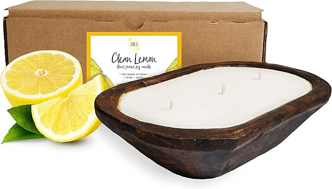 Aira Dough Bowl Candle - Organic, Kosher, Vegan, Hand Carved Wood Bowl Candle w/Aromatherapy Essential Oils - Hand-Poured 100% Soy Candle Wax - Paraffin Free, Long Lasting - Clean Lemon - 13 Ounces