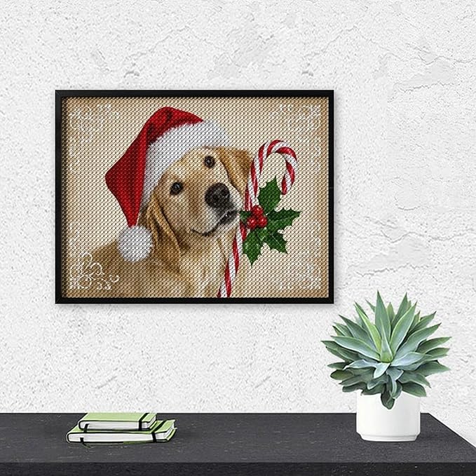Diamond Painting Kits for Adults - Christmas Golden Retriever Puppy in Santa Hat with Candy Cane Painting DIY 5D Full Drill Diamond Dots Paintings with Diamonds Gem Art And Crafts Home Decor 12"x16"