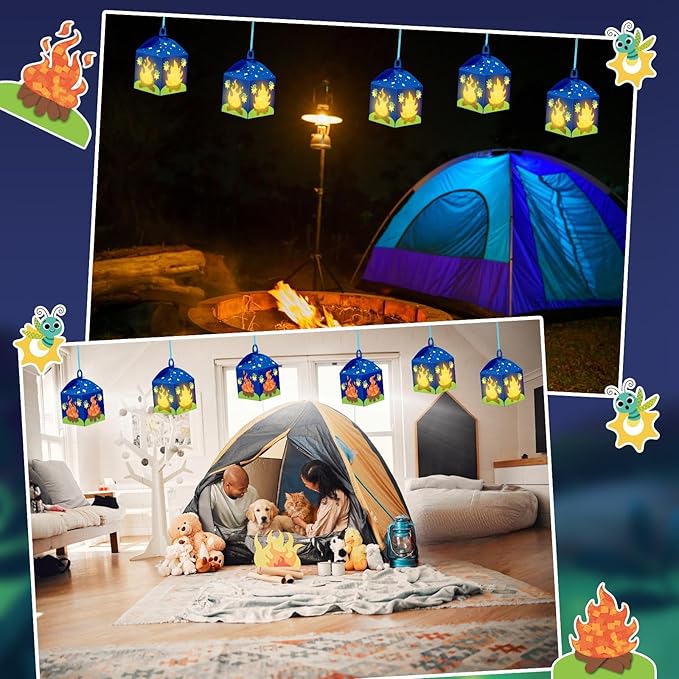 Simgoing 12 Sets Camp Crafts with LED Candles Lights Camping Campfire Vbs Tissue Paper Crafts Kits DIY Campfire Lantern Hanging Ornaments for Vbs Sunday School Party Activities
