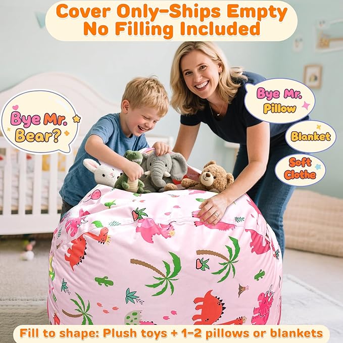 Lukeight Dinosaur Stuffed Animals Storage Bean Bag Chair Cover Only (Ships Empty, No Filling) - Velvet YKK Zipper Beanbag Cover for Kids Big kids, Washable Plush Toy Organizer, X-Large 30" D x 18" H
