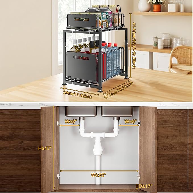 Under Sink Organizer, Pull Out Cabinet Organizer 2 Tier Slide Out Sink Shelf Cabinet Storage Shelves, Under Sink Storage for Kitchen Bathroom Cabinet, Black, 1 Pack
