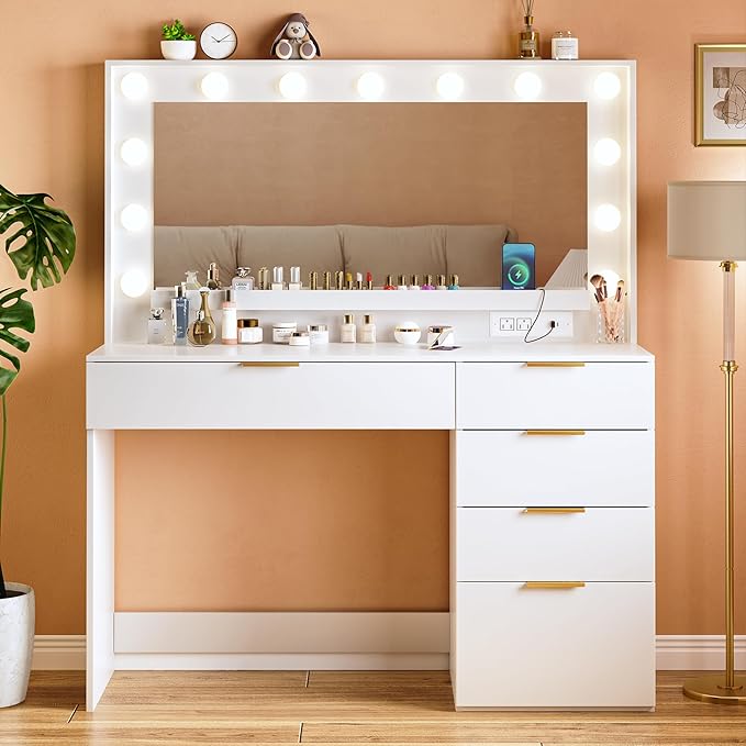ALEXNUTRE Vanity Desk with Mirror and Lights, Makeup Vanity with Large Mirror & 13 Lights, White Vanity with 5 Drawers, 3 Lighting Modes Adjustable, Vanity Desk with Power Outlet for Bedroom