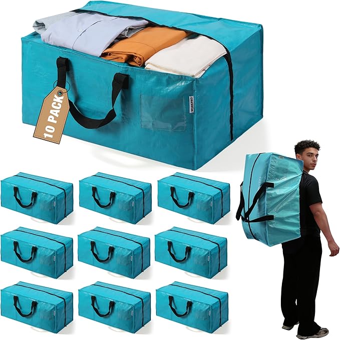 WORKPRO 10 Pack Extra Large Moving Bags with Zippers & Carrying Handles Backpack Straps, Heavy-Duty Storage Tote for Space Saving Moving Storage (Blue)