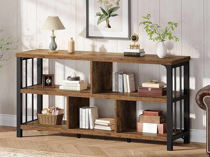 IBF 55” Bookshelf, 3 Tier Open Book Shelf, Wood Metal 5 Cube Storage Organizer, Modern Low Horizontal Bookshelf for Bedroom Living, Long Wide Office Cubby Bookcase with Storage, Rustic Brown, 55 in