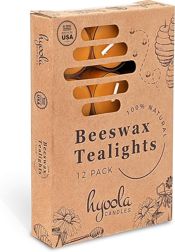 Hyoola Pure Beeswax Tea Lights, Handmade Decorative Unscented, Tealight Candles, 4 Hour Burn Time, Clear Cup (Pack of 12)