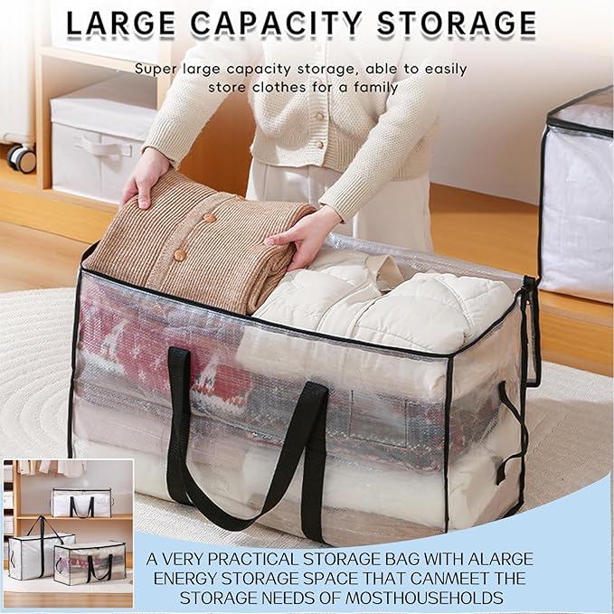 4 Pack 95L Large Capacity Heavy Duty Foldable Storage Bags - Handheld Totes with Double Zippers, Side Handles & ID Label Slot, Waterproof PP Fabric for Quilts, Clothes, Toys & Household Organizing