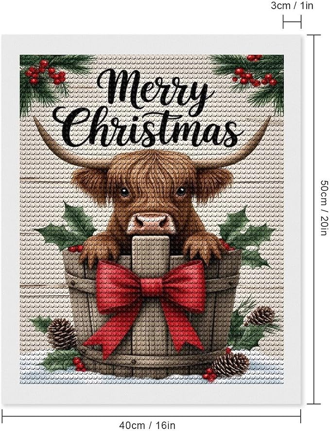 AIVKIEJK Diamond Painting Kits for Adults - Highland Cow Merry Christmas Painting DIY 5D Full Drill Diamond Dots Paintings with Diamonds Gem Art and Crafts Home Decor 16"x20"