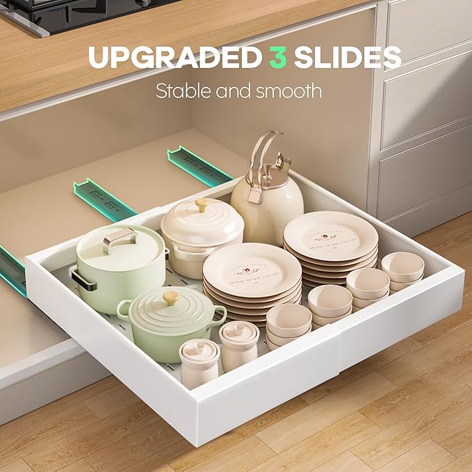 Seinloes 4 Pack Pull out Cabinet Organizer 21"Deep with Raising Pad for Framed Cabinets, Expandable Slide out Drawers for Kitchen Cabinets with 4pcs Divider Racks, Roll out Shelves 12.1"-20.4" W White