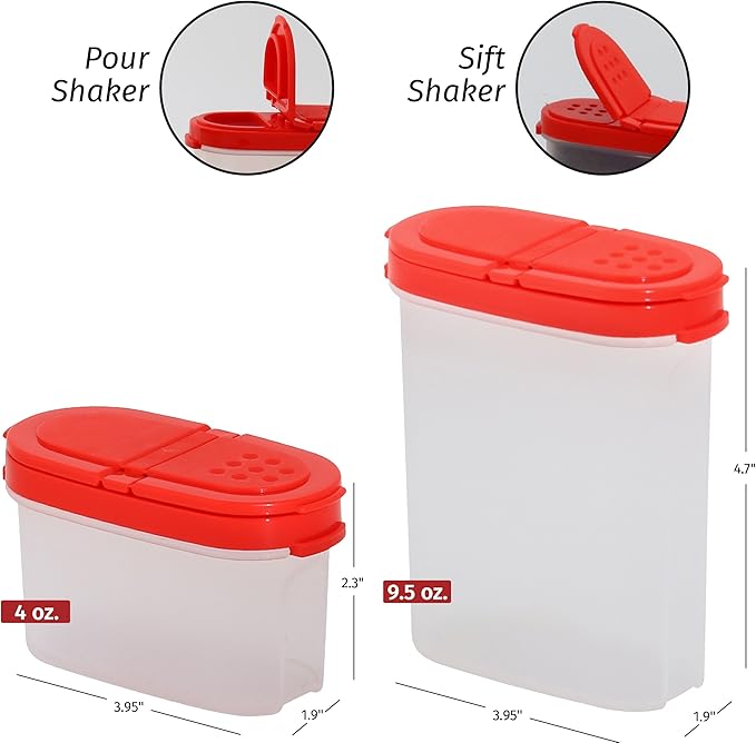 SIGNORA WARE Spice Jars with Lids -8 and 4 oz Refillable Empty Airtight Spice/Seasoning Containers Set -2 in 1 Pour/Sift Shaker Lids Clear Plastic Spice/Seasoning Organizer Kitchen/Travel 8 pk.Red