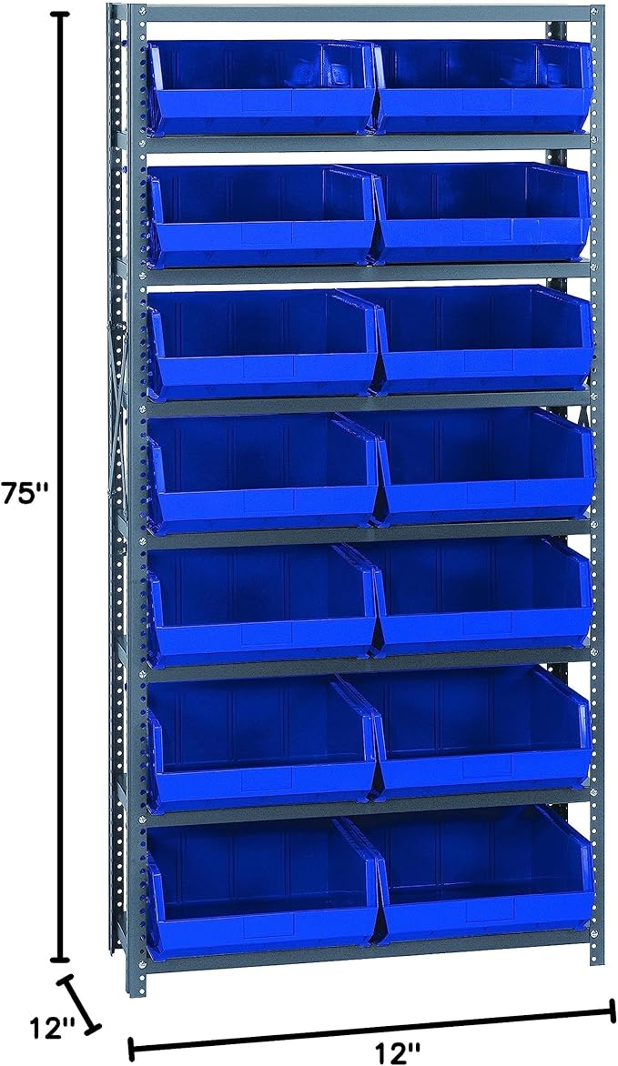 Quantum Storage Systems QSBU-250BL Giant Open Hopper Steel Shelving System, 12" D x 36" W x 75" H, with 8 Shelves and 14 QUS250 Bins, Blue