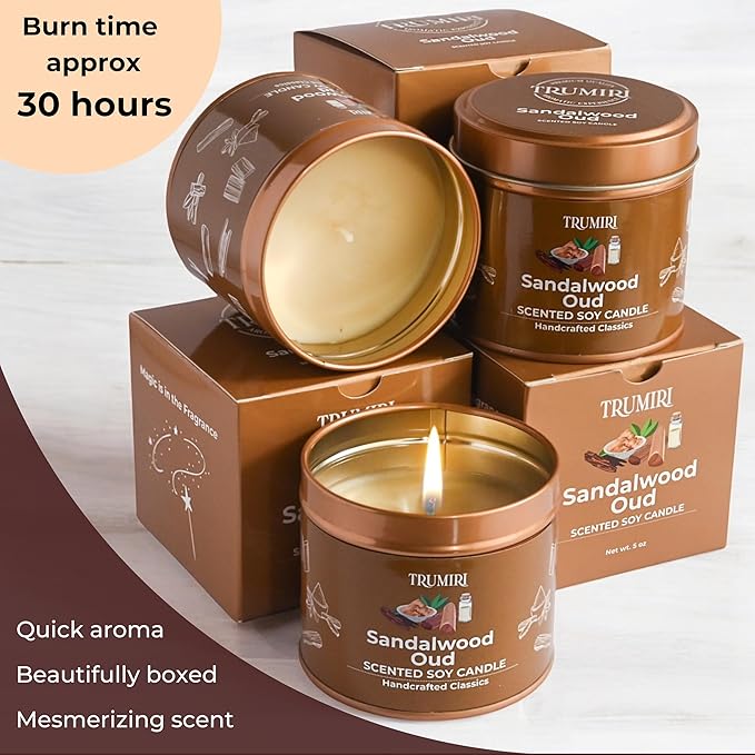 Sandalwood Oud - Scented Candles for Men - Pack of 3 x 5oz Natural Soy Clean Organic Non Toxic - Masculine Scent Gifts - Candel for Home Bedroom Bathroom Apartment Room Décor - New House Essentials