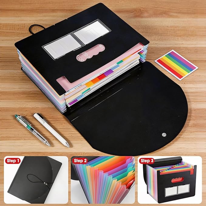 2 Pack Accordion File Organizer, 13 Pockets Expanding File Folder, Portable Paper Receipt Bill Organizer, Letter A4 Size Document Organizer with Colorful tabs, School Office Supplies