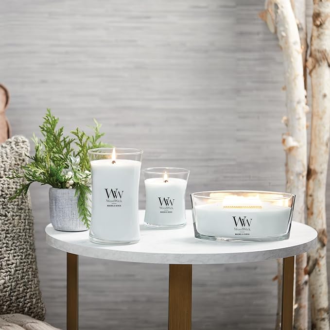 WoodWick Magnolia Birch Holiday Candle Gifts for Women and Men, 16 oz Ellipse Candle with Crackling Wick