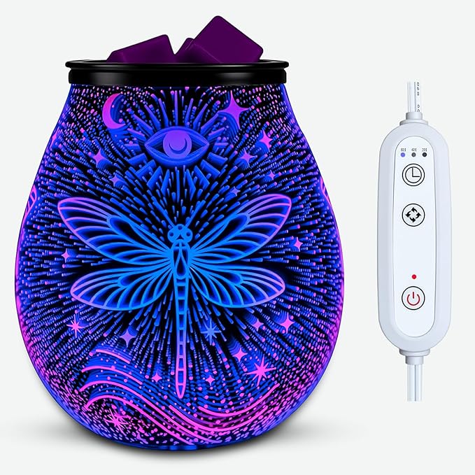 Leyoue 3D Glass Fireworks Electric Wax Melt Warmer with PTC Heating Plate 7 Colors LED Changing Light Wax Burner Melter Fragrance Warmer for Home (Dragonfly)