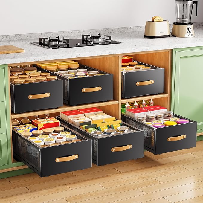 Pull out Cabinet Organizer, 2-Pack Expandable Depth(15.7"-21.7") with Raising Pad for Framed Cabinets, Heavy Duty Slide out Drawers,Roll Out Shelves for Kitchen, Pantry Organizers and Storage(Black)