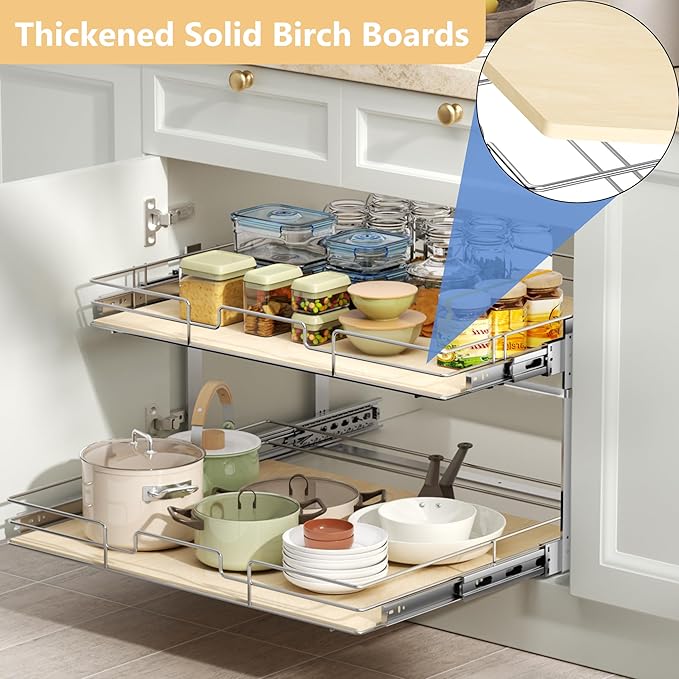 ROOMTEC 2 Tier Individual Pull Out Cabinet Organizer 28½"W x 21½"D, Slide Out Wood Shelves Organizers, Pull Out Drawers Organization and Storage for Kitchen Cabinet