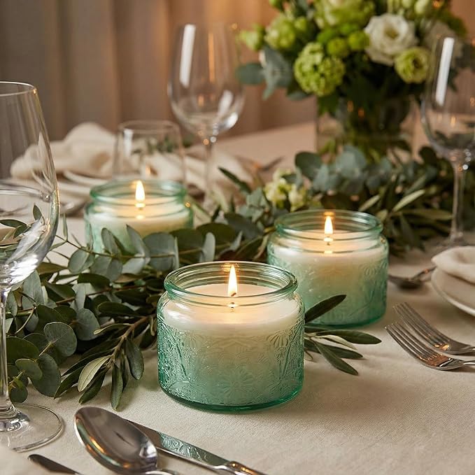 18-Pack 4oz Embossed Glass Candle Container with Bamboo Lids and Labels, Green Candle Jars for Making Candles, Mandala Design