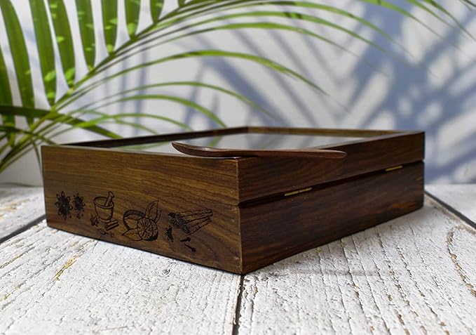 India House-Wooden Spice Box/Rose Wood Engraved Spice Boxes Housewarming Gift, Mother’s Day Gift seller MADE IN INDIA- 12 container
