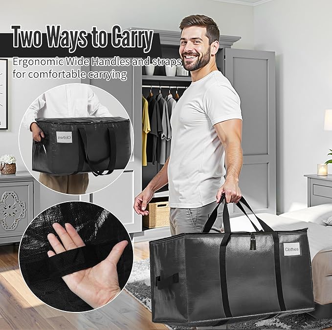 BAGAIL Heavy Duty Moving Bags with Strong Handle, Extra Large Moving Boxes, Storage Tote for Clothes, College Moving Supplies(Black, 8 Pack)