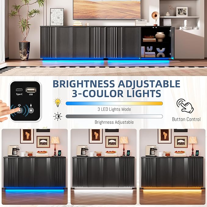 63'' Buffet Cabinet with Storage, Coffee Bar with 4 Doors & 2 Adjustable Shelves, Modern Sideboard Table with 3 Color LED Light for Kitchen (Black)
