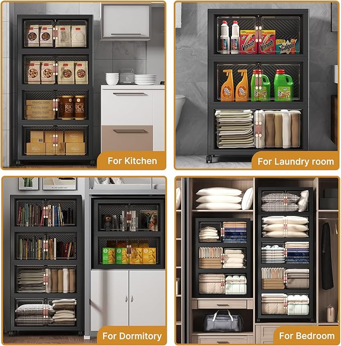 Extra Large Stackable Storage Bins with Lids & Wheels, Foldable Collapsible Closet Organizers Dark Storage Cabinet with Doors for Bedroom Dorm