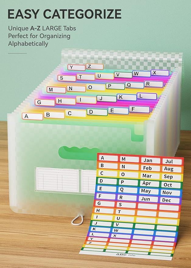 ABC life 26-Pocket Accordion File Organizer, Expandable Monthly Bill & Receipt Holder with Colored A-Z Tabs, Portable Folder Organizer for Home Office School, Fits Letter/A4 Size - Green