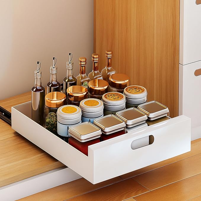 1 Pack Pull Out Cabinet Organizer Adhesive, 12'' W x 16.9"D x 3.1'' H Heavy Duty Carbon Slide Out Pantry Shelves, Sliding Drawer Pull Out Pantry Shelves for Kitchen, Living Room, Home