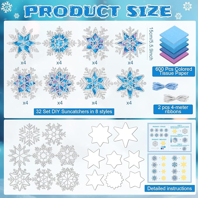 Tinlade 32 Set Winter Snowflake Craft Kit DIY Snowflakes Suncatchers Window Stained Glass Tissue Paper Glitter Blue Hanging Ornaments Decorations Make Your Own Xmas Winter School Activities