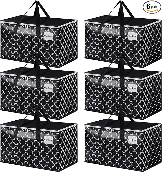 HomeHacks Heavy Duty Moving Bags with Tag Pockets, Collapsible Storage Totes for Moving, Camping & Travel -Foldable Packing Boxes, Zipper Handles, Black（6 Packs, 100L）