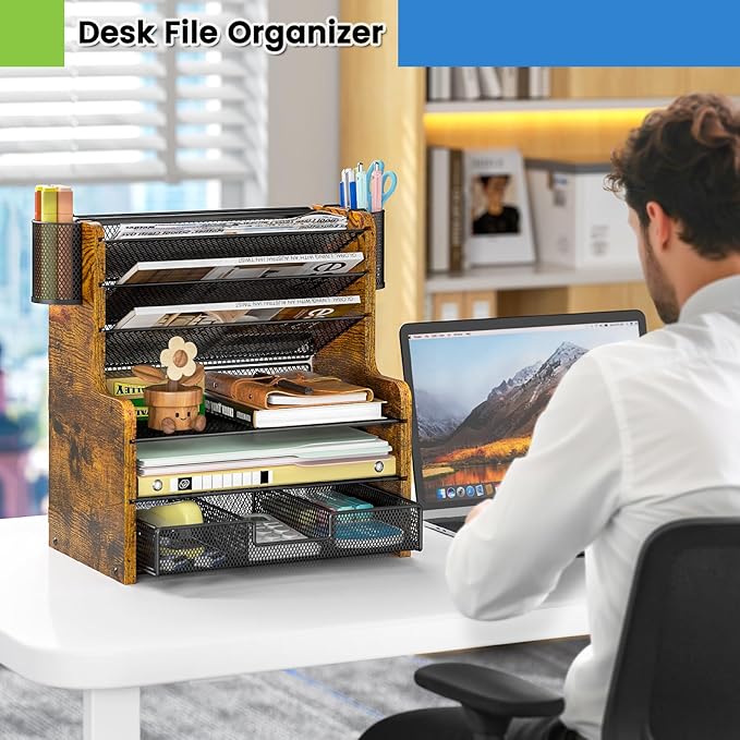 DAOUTIME 6-Tier Mesh Desk Organizer with Drawer, Wooden Office Organizer for Papers, Folders & Office Supplies - Sturdy Desktop File Holder with 2 Pen Holders - Space Saving Home Office Accessories