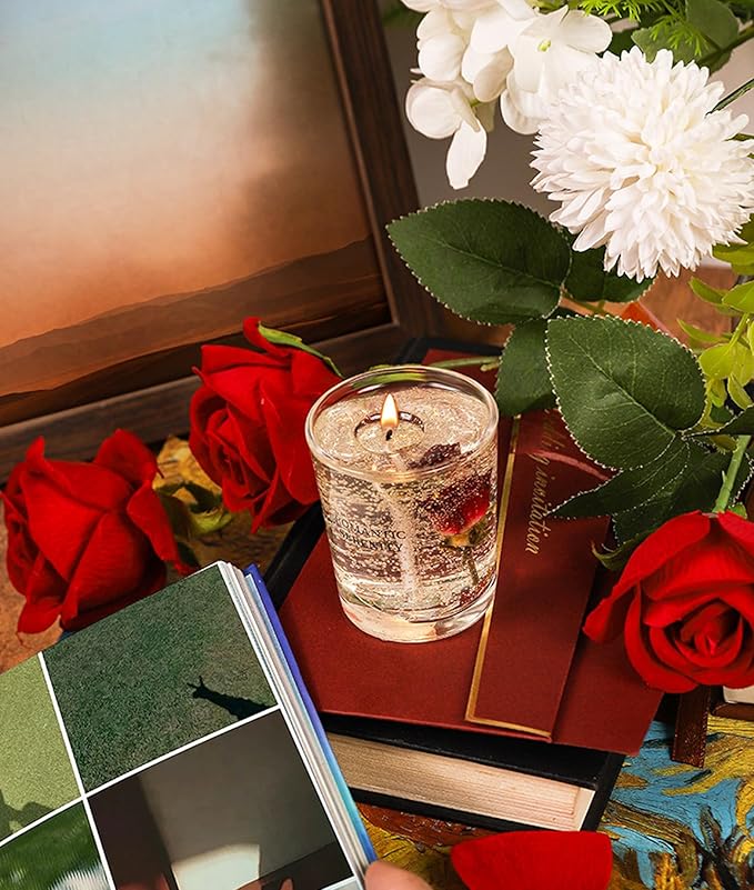 Gel Wax Candle,Sparkling Real Rose & Gold Flakes Candle in Glass Jar,Floral Scented,Smokeless Clean Burn,Glam Home Decor or Wedding,Bridesmaid Gift,Photo Prop,Self Love Healing (Floral)