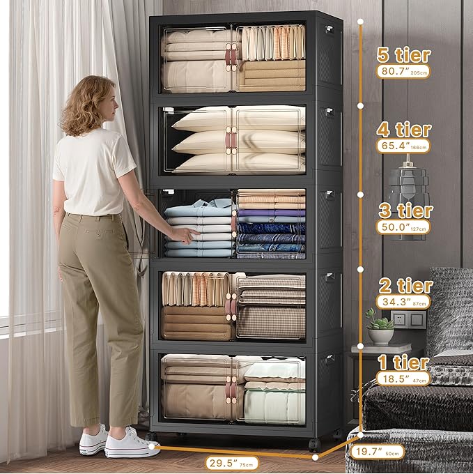 Extra Large Stackable Storage Bins with Lids & Wheels, Foldable Collapsible Closet Organizers Dark Storage Cabinet with Doors for Bedroom Dorm
